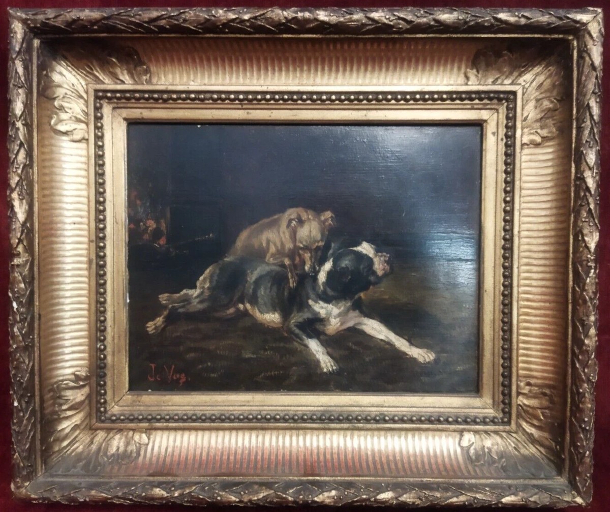 Painting Of Dogs - Oil On Canvas By Vincent De Vos (1829–1875)