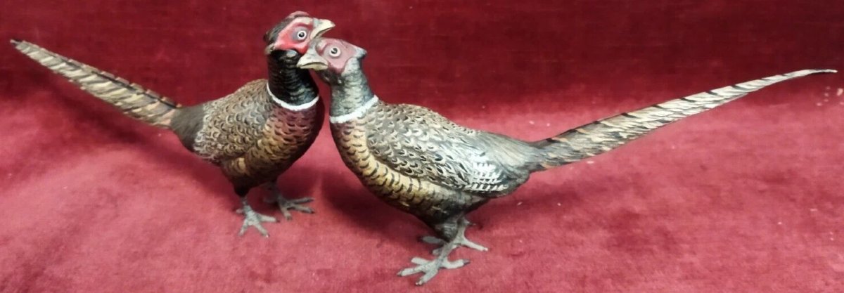 Pair Of Painted Bronze Pheasants, Austria – 19th Century-photo-2