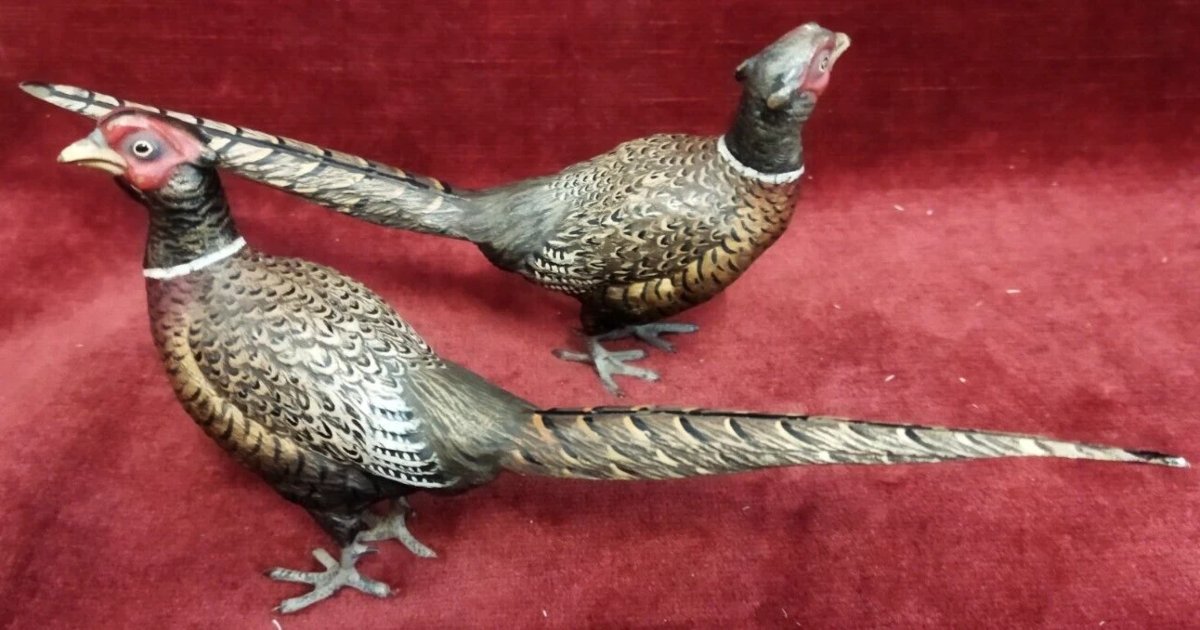 Pair Of Painted Bronze Pheasants, Austria – 19th Century-photo-4
