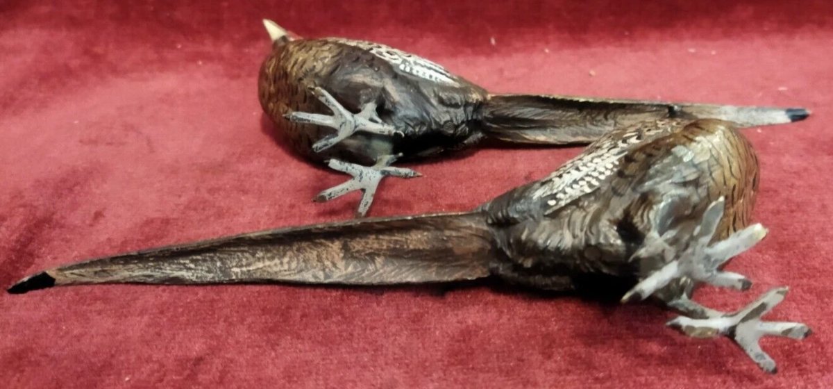 Pair Of Painted Bronze Pheasants, Austria – 19th Century-photo-1