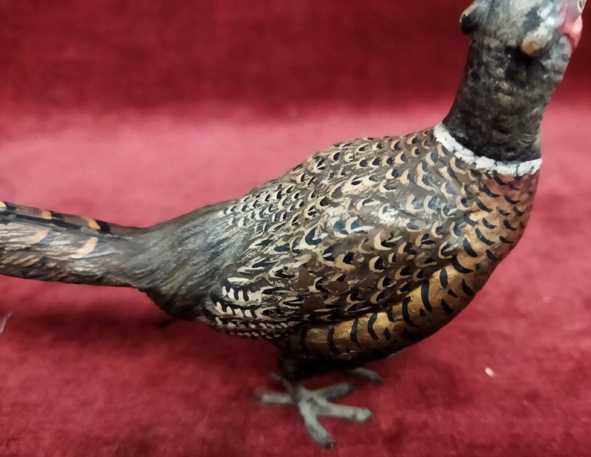 Pair Of Painted Bronze Pheasants, Austria – 19th Century-photo-2
