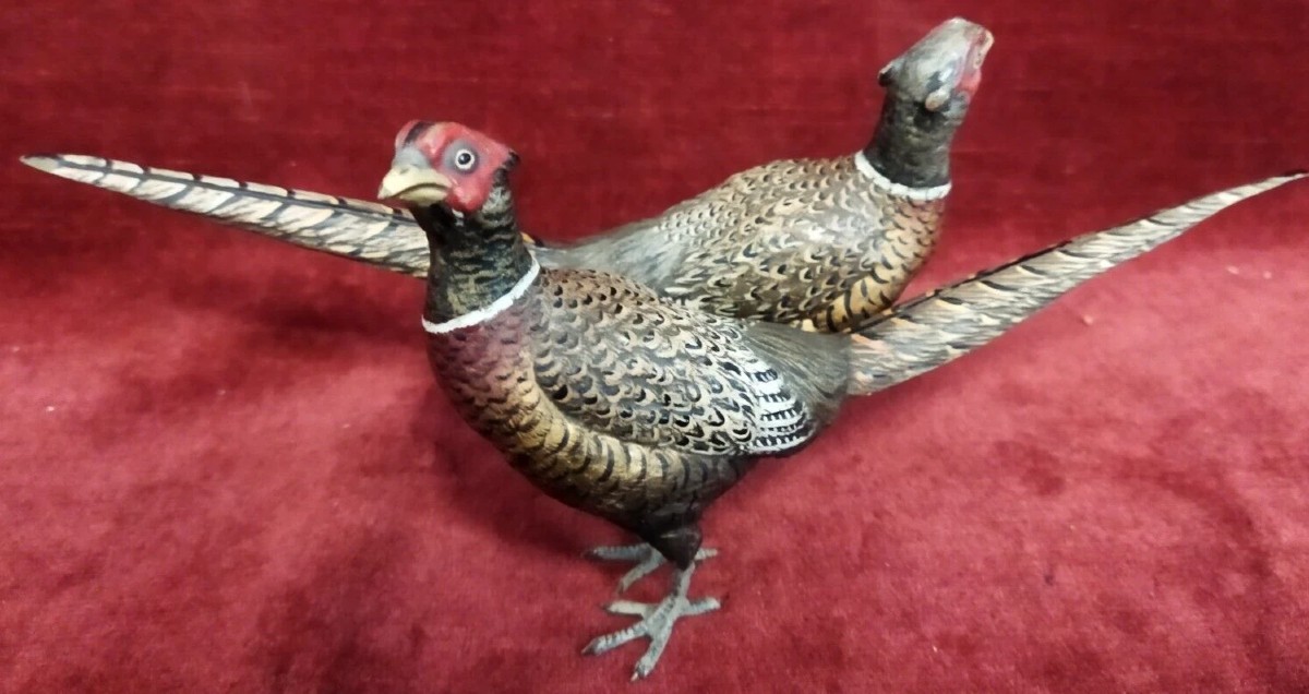 Pair Of Painted Bronze Pheasants, Austria – 19th Century