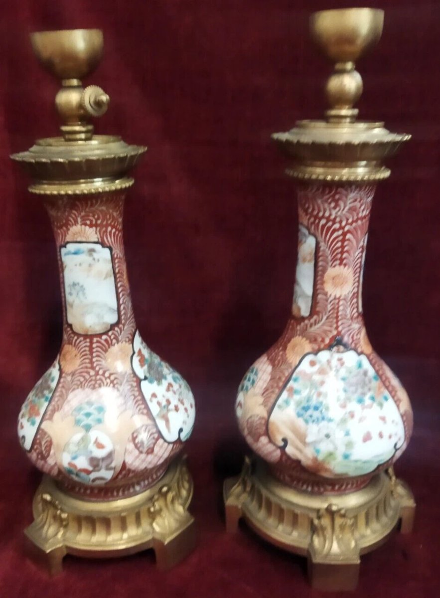 PAIRE DE LAMPES DE TABLE  En bronze et porcelaine peinte  - Époque Napoléon III-photo-4