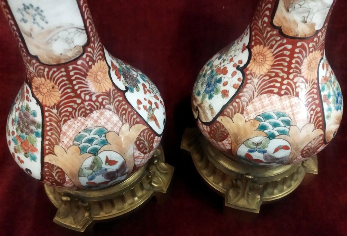 PAIRE DE LAMPES DE TABLE  En bronze et porcelaine peinte  - Époque Napoléon III-photo-3