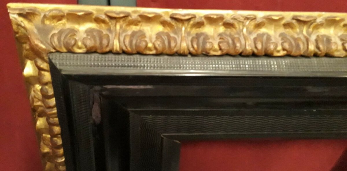 Flemish Frame With Ebony Veneer, Featuring Carved And Gilded Wood, 17th Century-photo-2