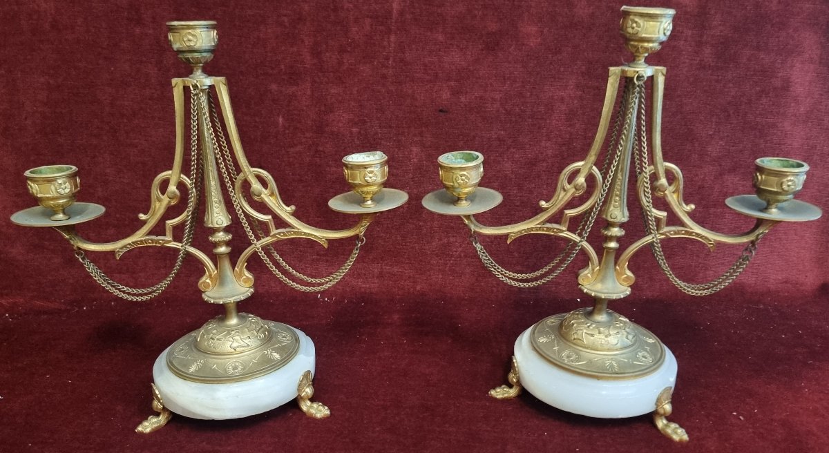 PAIRE DE CANDÉLABRES EN BRONZE DORÉ ET ALBATRE -  XIXe SIÈCLE - NAPOLÉON III-photo-1