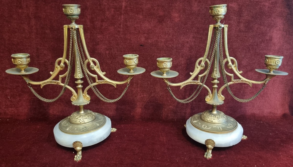PAIRE DE CANDÉLABRES EN BRONZE DORÉ ET ALBATRE -  XIXe SIÈCLE - NAPOLÉON III