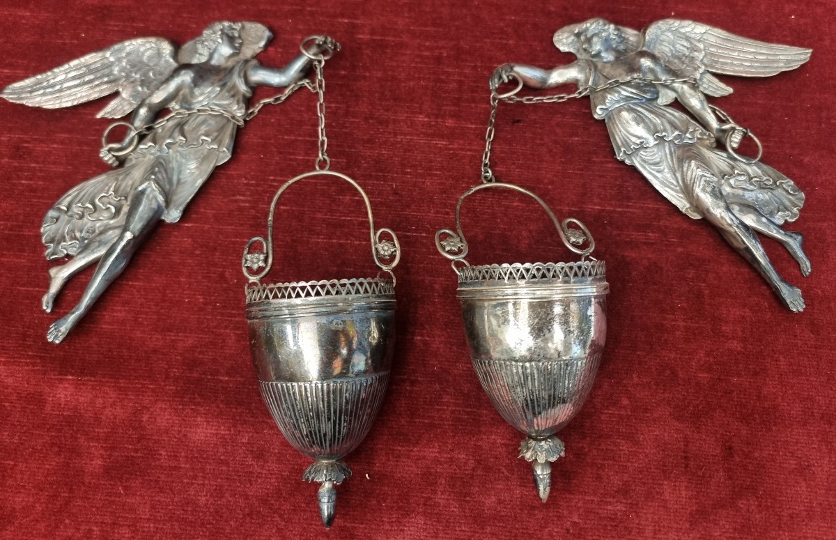 Pair Of Silver Holy Water Fontains - Italy - Early 19th Century