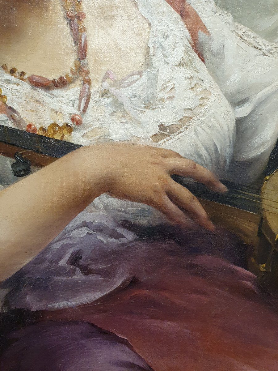 Oil On Canvas Painting Of A Seated Gypsy Woman With A Banjo Paul François Quinsac (1858-1929)-photo-1