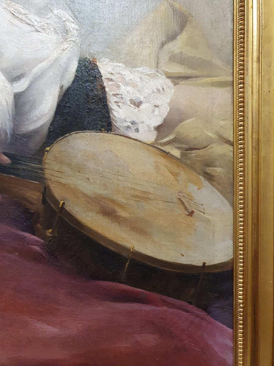 Oil On Canvas Painting Of A Seated Gypsy Woman With A Banjo Paul François Quinsac (1858-1929)-photo-3
