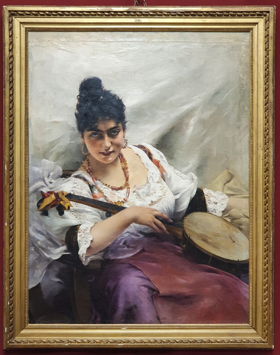 Oil On Canvas Painting Of A Seated Gypsy Woman With A Banjo Paul François Quinsac (1858-1929)