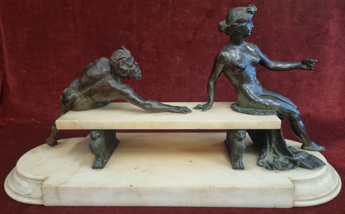  Sculpture en bronze et marbre statuaire - Nymphe et Faune  - Adolfo Apolloni (1855-1923)-photo-2