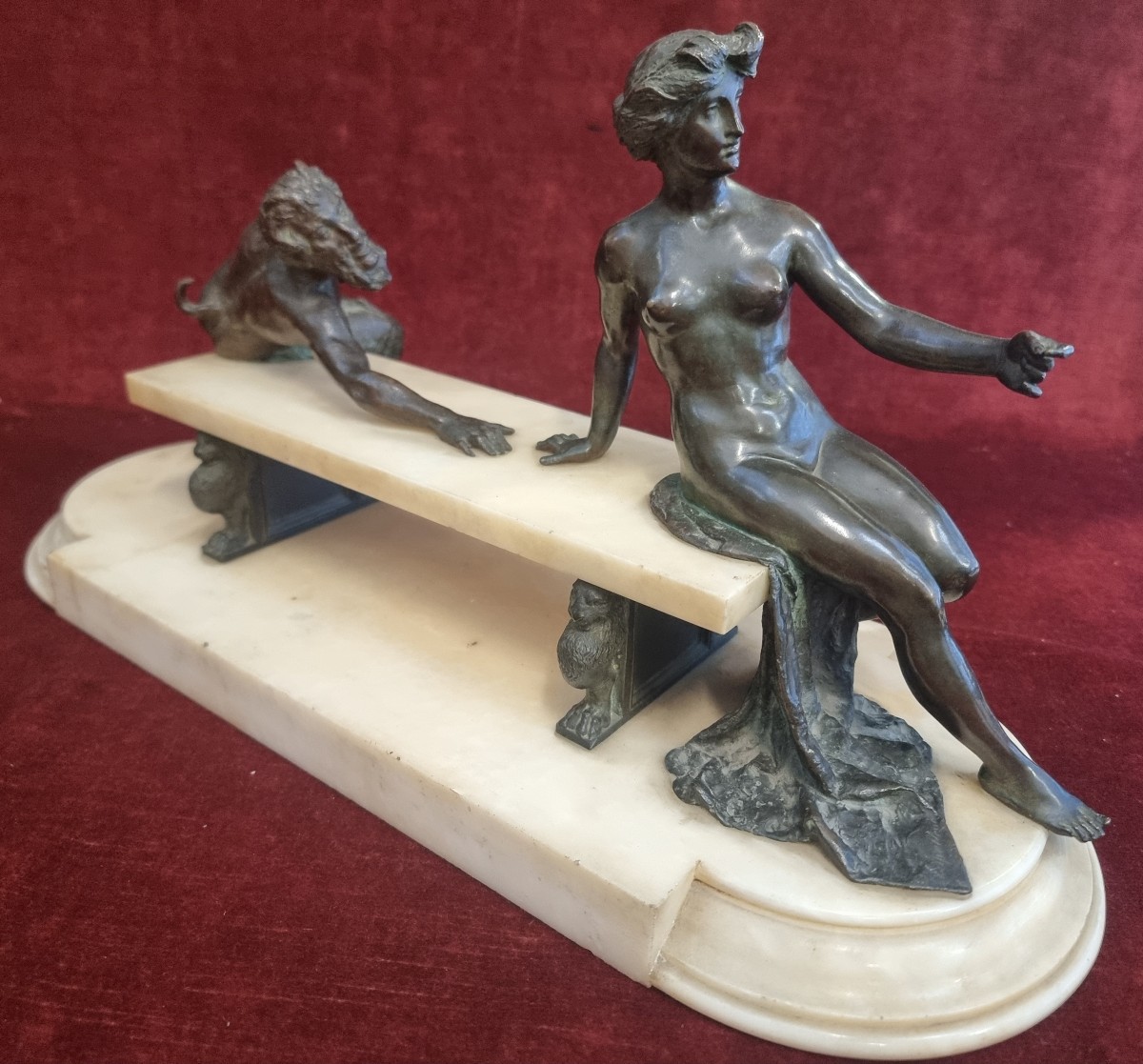  Sculpture en bronze et marbre statuaire - Nymphe et Faune  - Adolfo Apolloni (1855-1923)