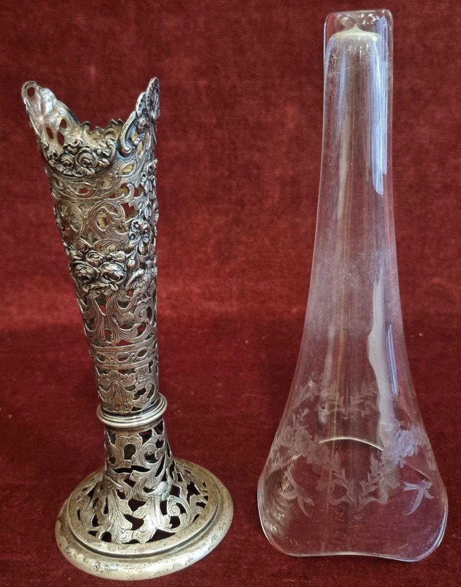 Silver And Engraved Glass Vase - Germany - Early 20th Century-photo-2