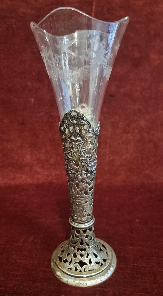 Silver And Engraved Glass Vase - Germany - Early 20th Century