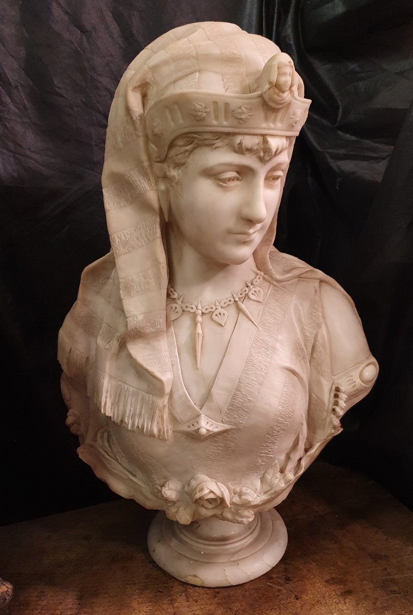 Alabaster Sculpture - Bust Of Cleopatra - Second Half Of The 19th Century-photo-2