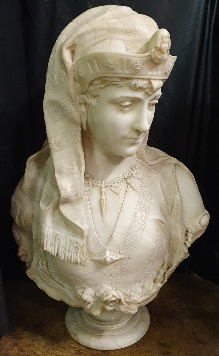 Alabaster Sculpture - Bust Of Cleopatra - Second Half Of The 19th Century-photo-1