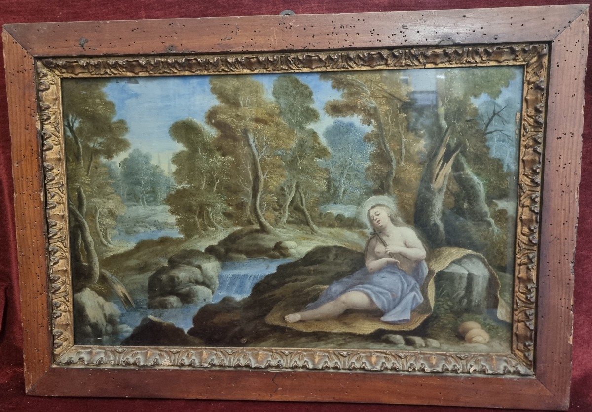 Painting Under Glass - Magdalene With Landscape  - Late 17th Century  - Central Italy 