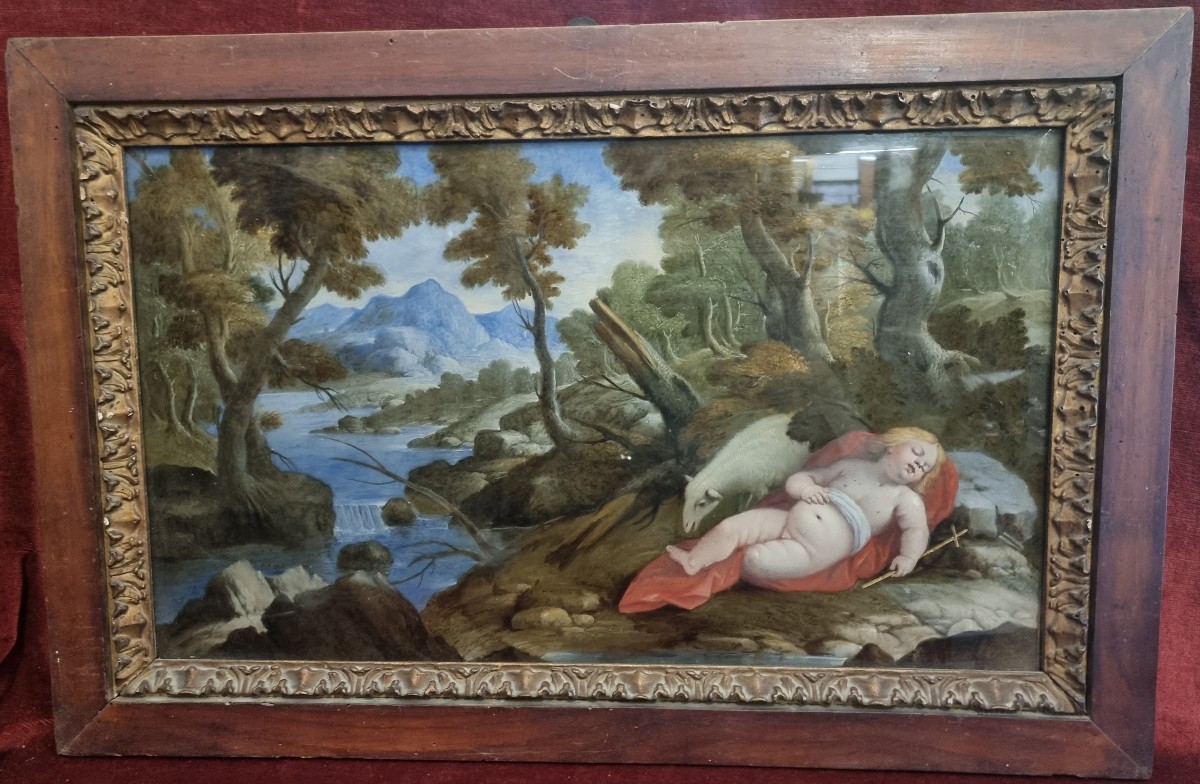 Painting Under Glass - Sleeping Saint Giovannino  - Late 17th Century  - Central Italy