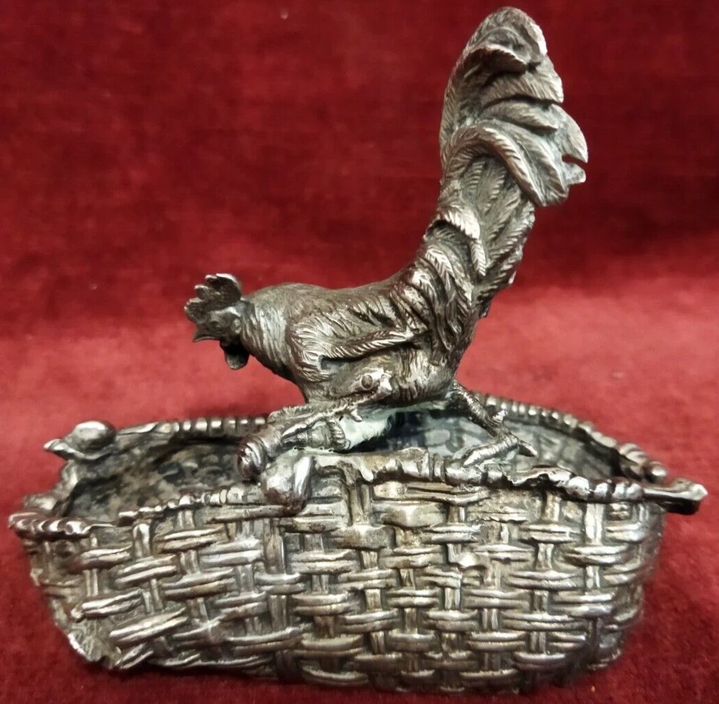 Silver Sculpture Of A Rooster Above A Basket, Stamp 84, Russia-photo-3