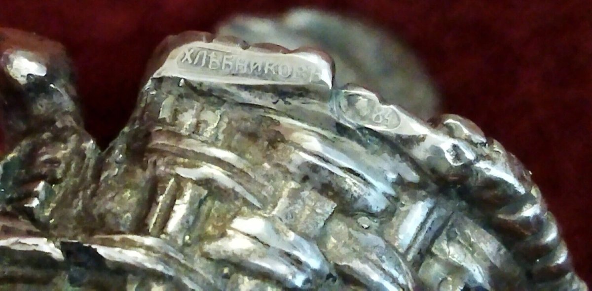 Silver Sculpture Of A Rooster Above A Basket, Stamp 84, Russia-photo-2