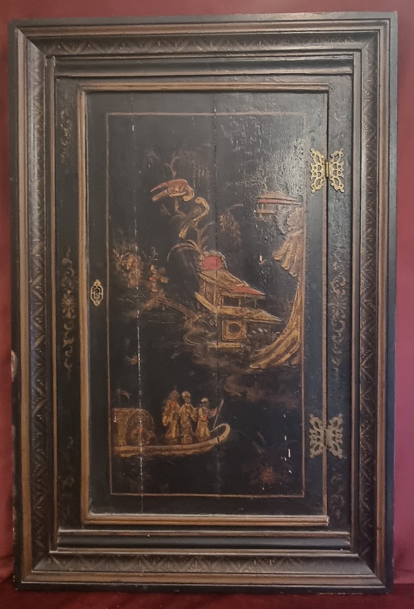 Lacquered Wooden Panel With Door - Chinese-style Decoration - Europe - Mid-19th Century