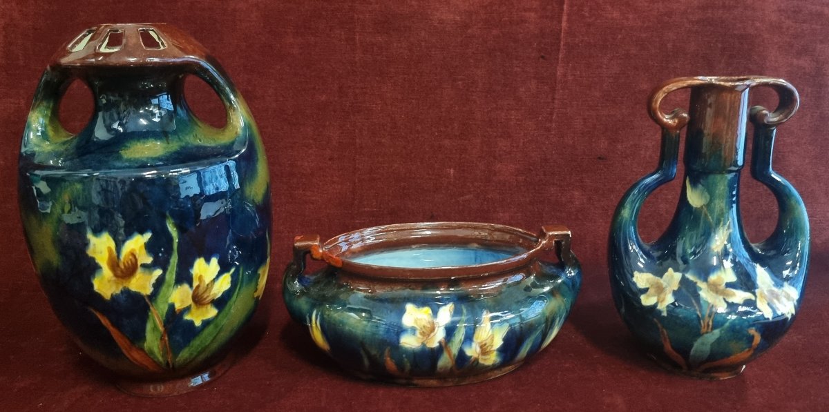Set Of 3 Painted Ceramic Vases - Old Moravian Pottery - Early 20th Century-photo-3