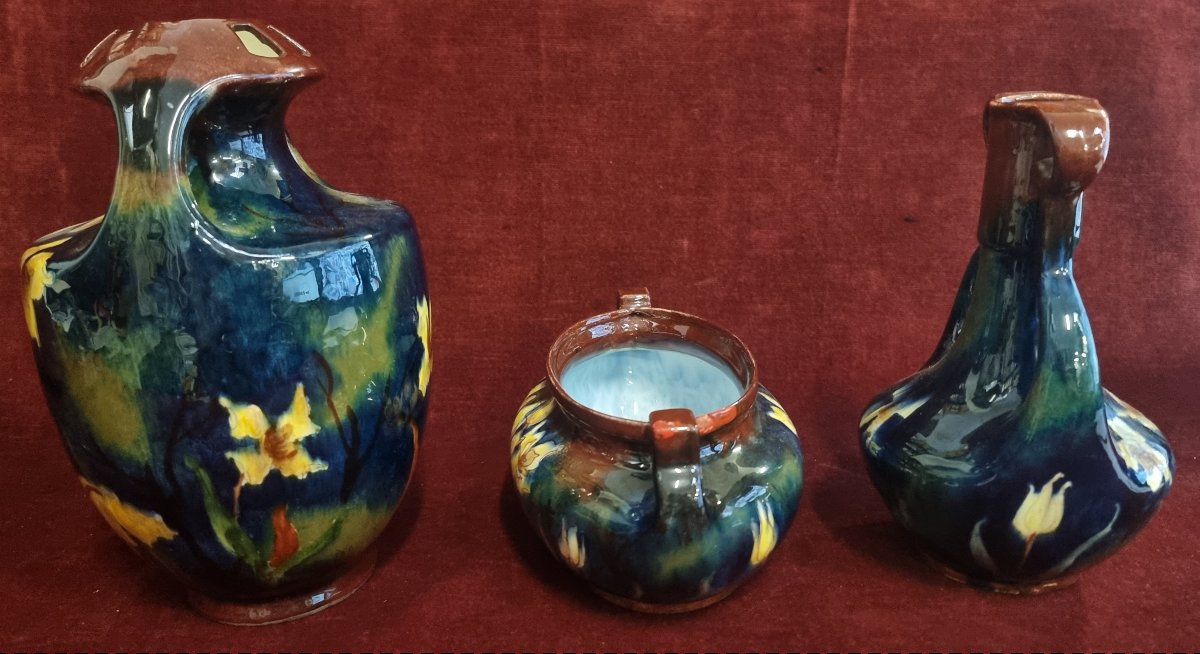 Set Of 3 Painted Ceramic Vases - Old Moravian Pottery - Early 20th Century-photo-4