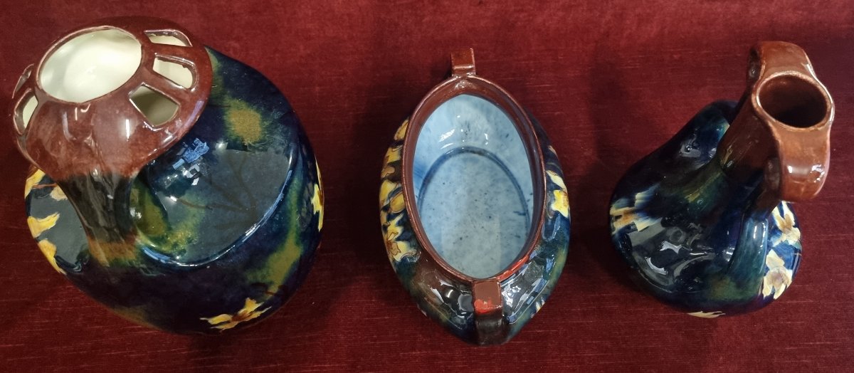 Set Of 3 Painted Ceramic Vases - Old Moravian Pottery - Early 20th Century-photo-1