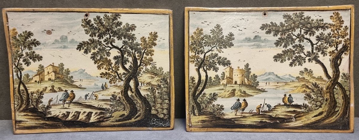 PAIRE DE CARREAUX DE CÉRAMIQUE CASTELLI - XIXE SIÈCLE