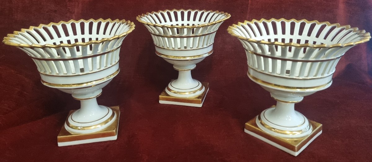 Set Of 3 White And Gold Porcelain Baskets  -  Early 19th Century - France-photo-3