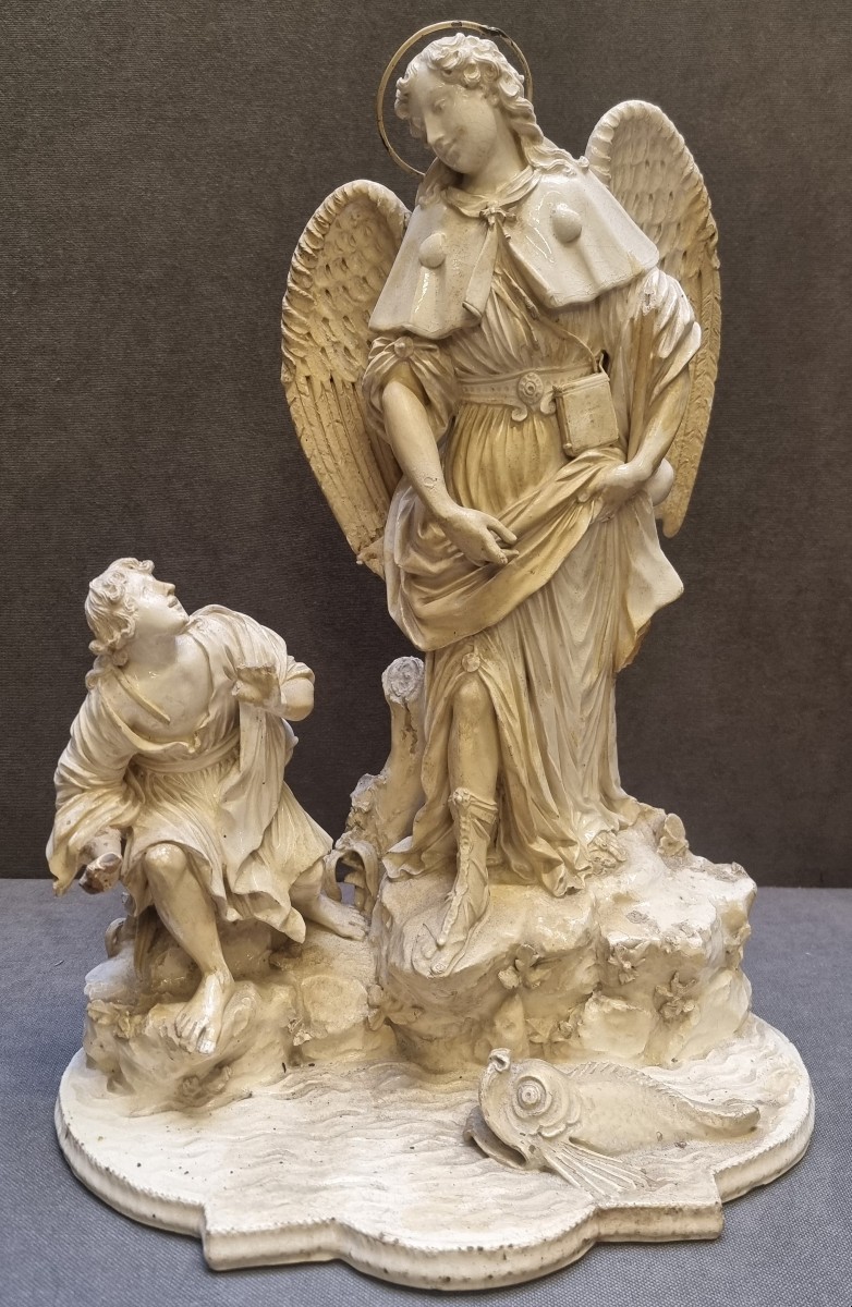 Groupe en faïence représentant Tobia et l'Ange - Giovanni Volpato, Rome - Fin du XVIIIe siècle