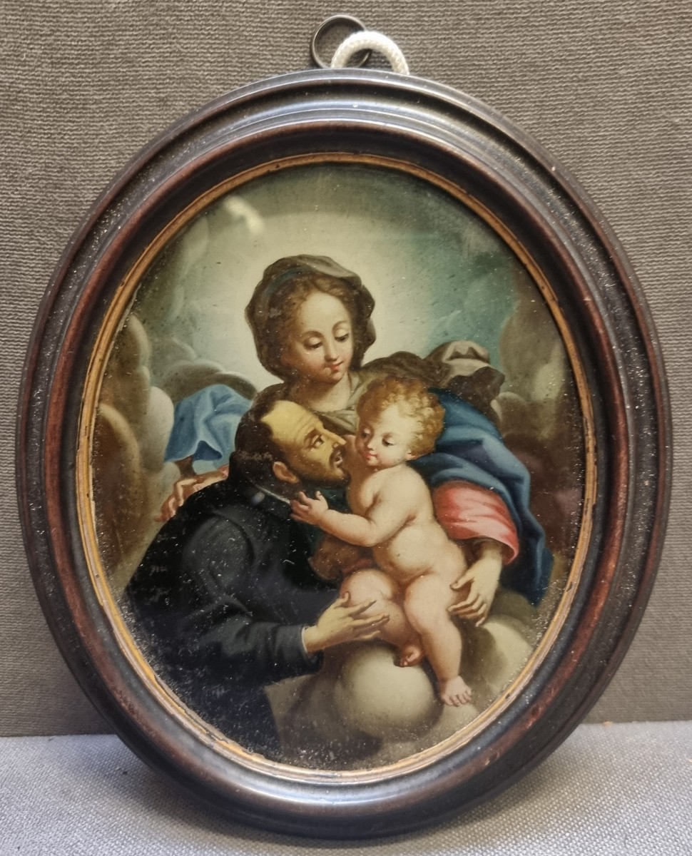 Painting Under Glass - Madonna And Child With A Saint - Late 17th Century, Southern Italy