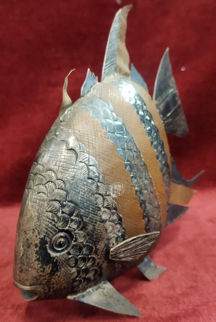Sculpture articulée de poisson en cuivre et argent  - années '70-photo-2