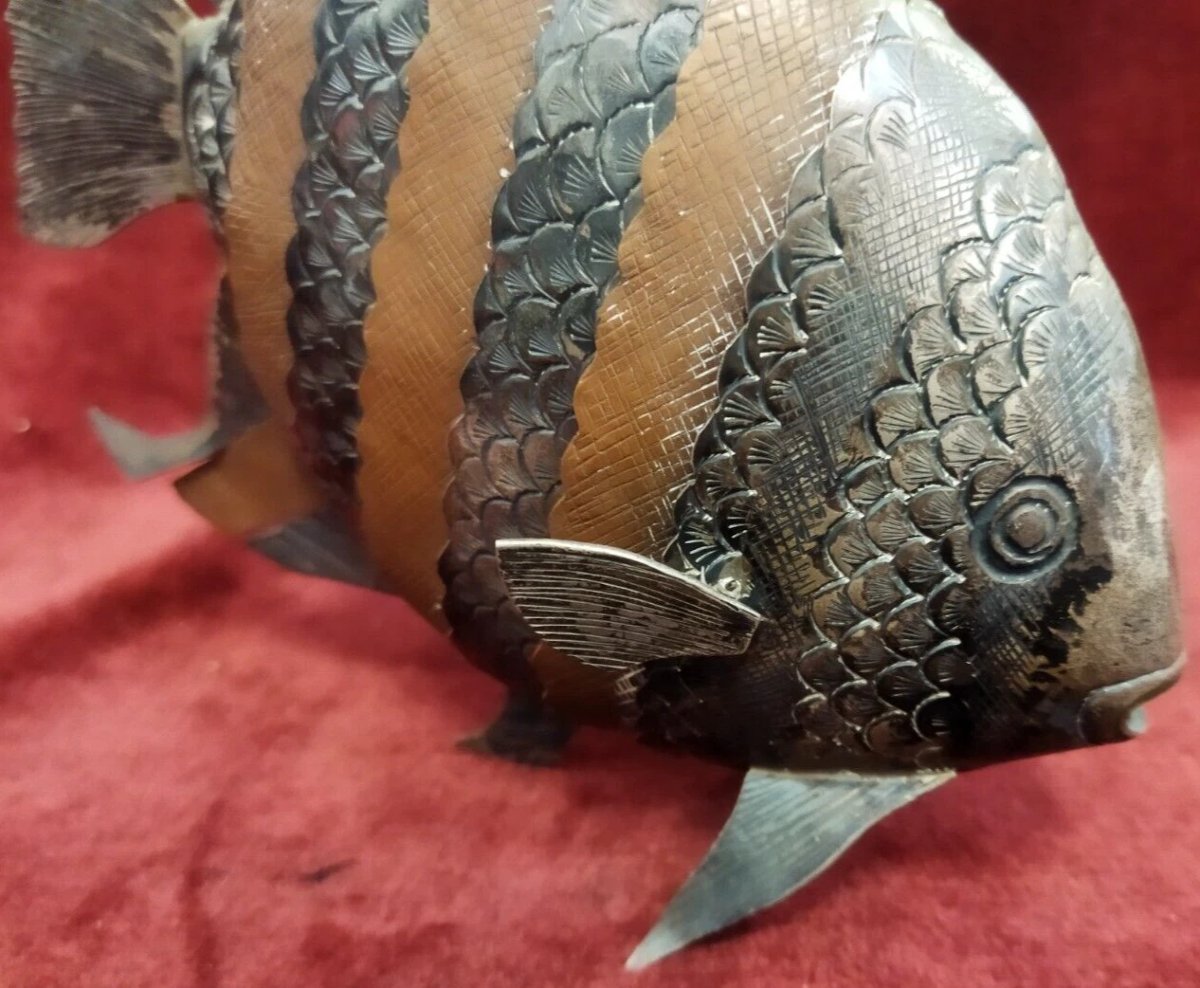 Sculpture articulée de poisson en cuivre et argent  - années '70-photo-1