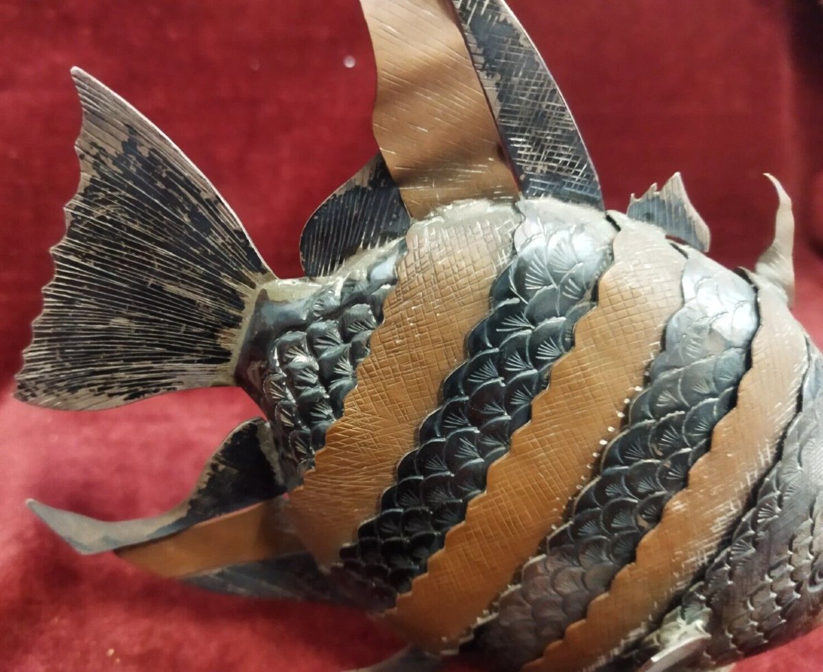 Sculpture articulée de poisson en cuivre et argent  - années '70-photo-3