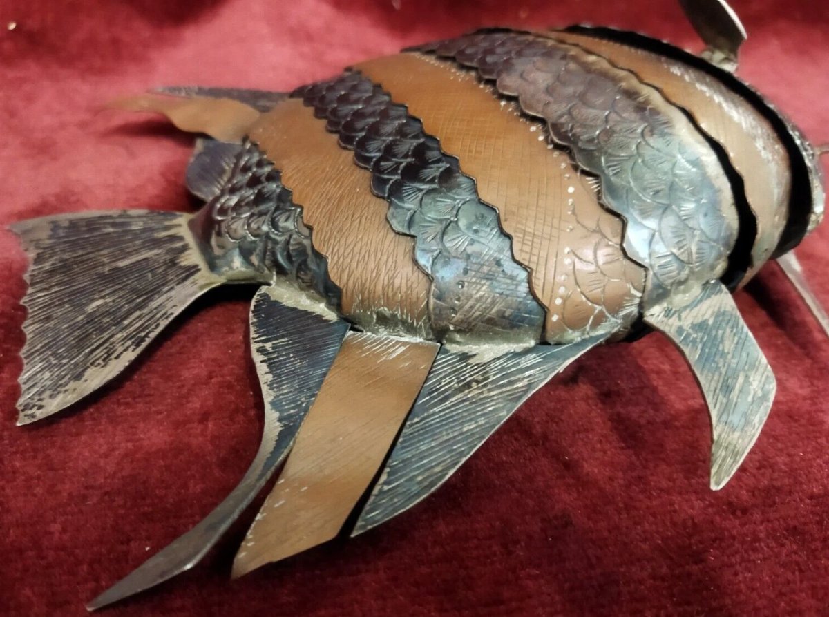 Sculpture articulée de poisson en cuivre et argent  - années '70-photo-4