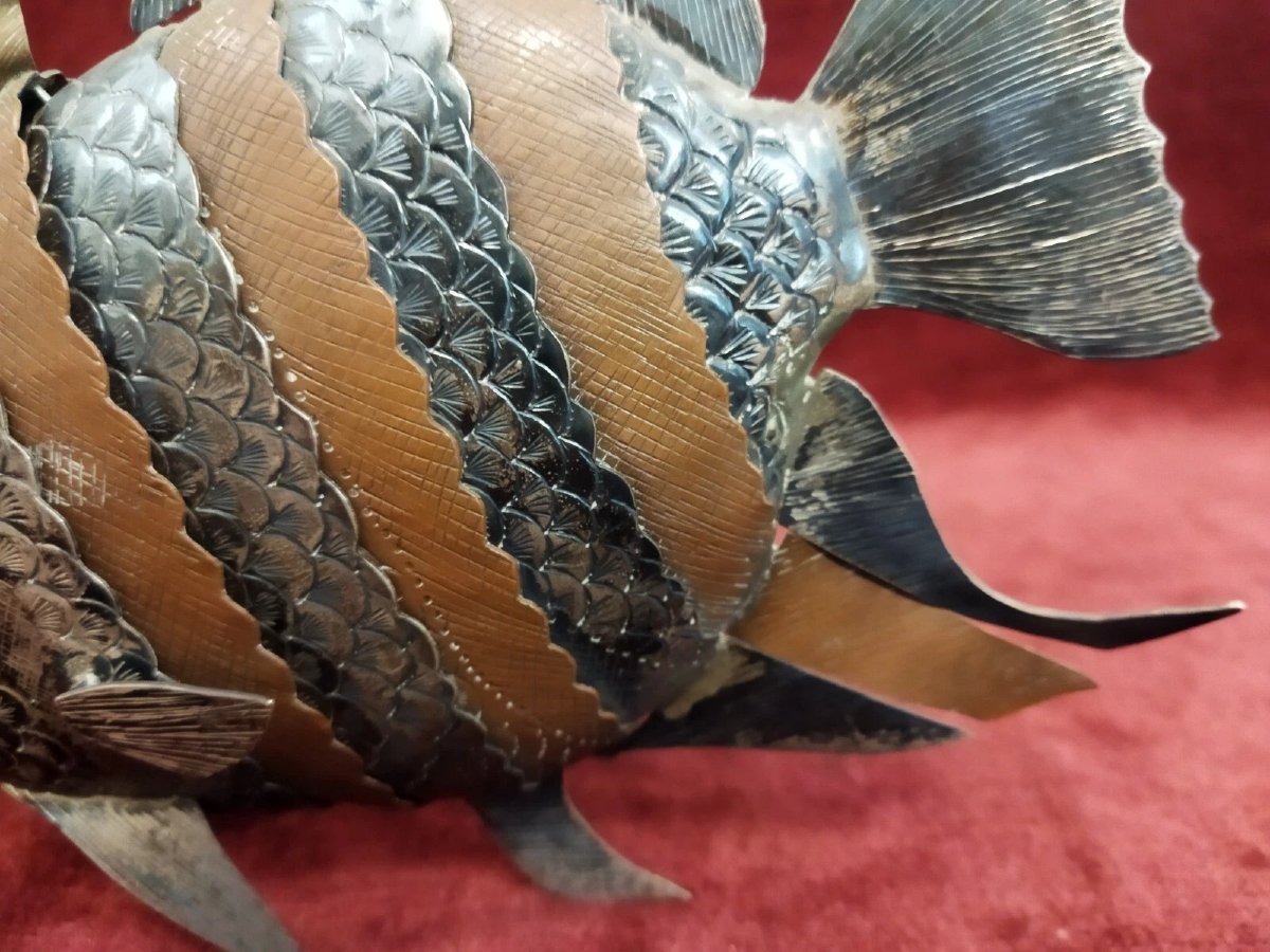 Sculpture articulée de poisson en cuivre et argent  - années '70-photo-6