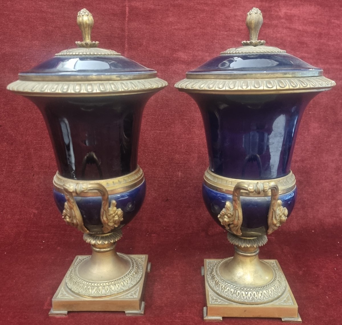 Pair Of Bronze And Blue Sevres Porcelain Vases - France - Early 20th Century-photo-2