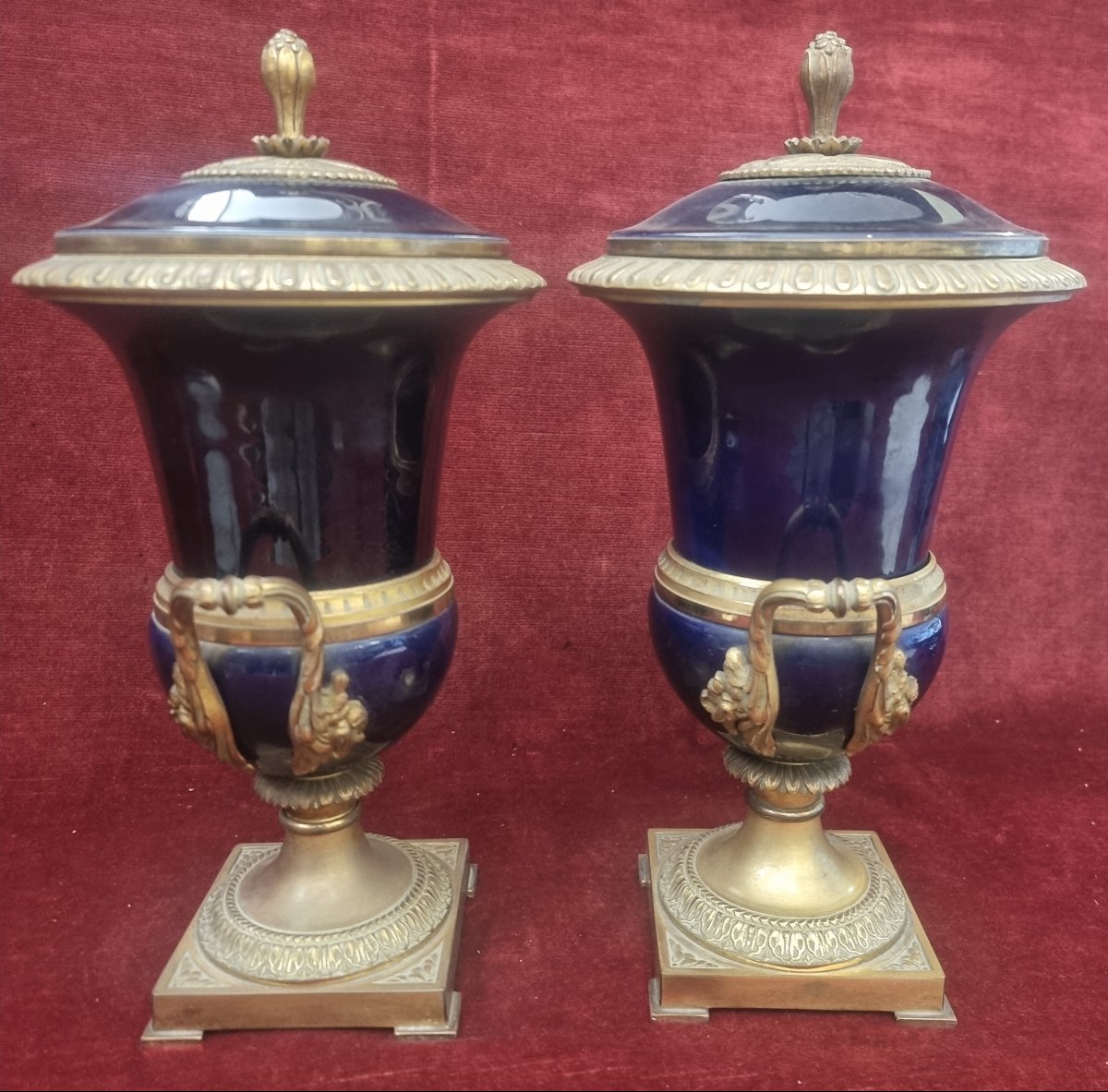 Pair Of Bronze And Blue Sevres Porcelain Vases - France - Early 20th Century-photo-4
