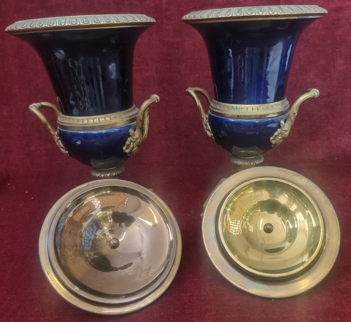 Pair Of Bronze And Blue Sevres Porcelain Vases - France - Early 20th Century-photo-4