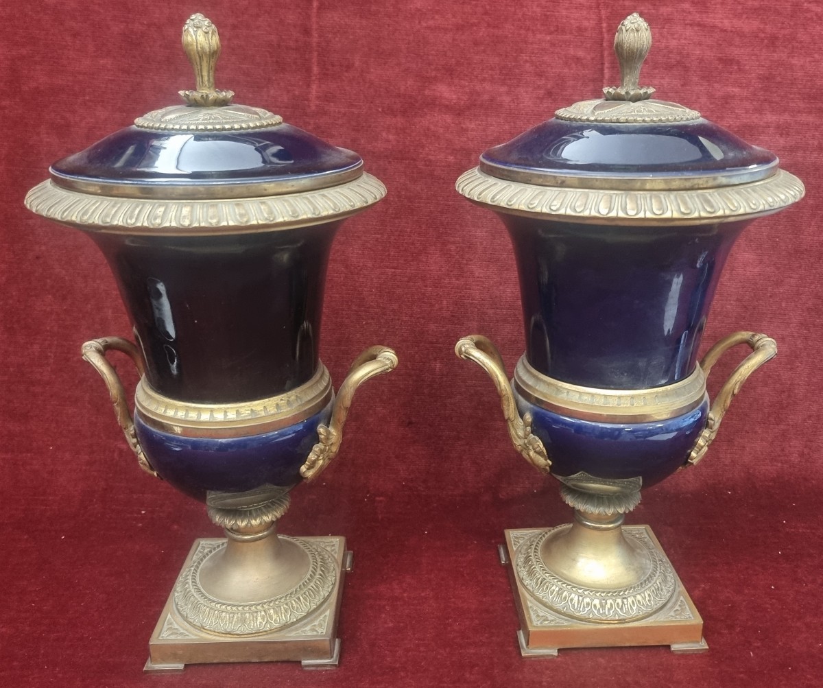 Pair Of Bronze And Blue Sevres Porcelain Vases - France - Early 20th Century