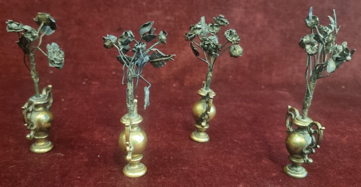 4 Miniature Gilded Copper Vases With Silver-plated Metal Flowers - Early 17th Century - Florence-photo-4