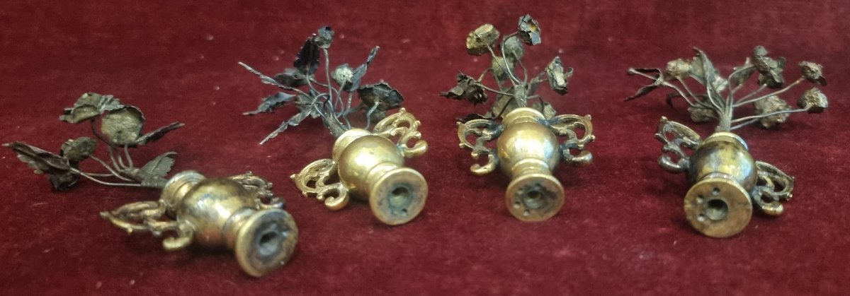 4 Miniature Gilded Copper Vases With Silver-plated Metal Flowers - Early 17th Century - Florence-photo-1