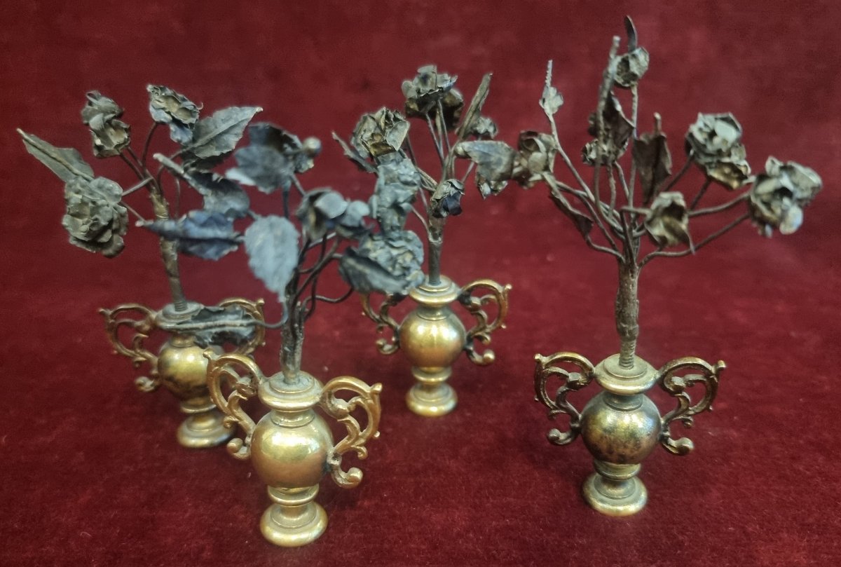 4 Miniature Gilded Copper Vases With Silver-plated Metal Flowers - Early 17th Century - Florence-photo-3