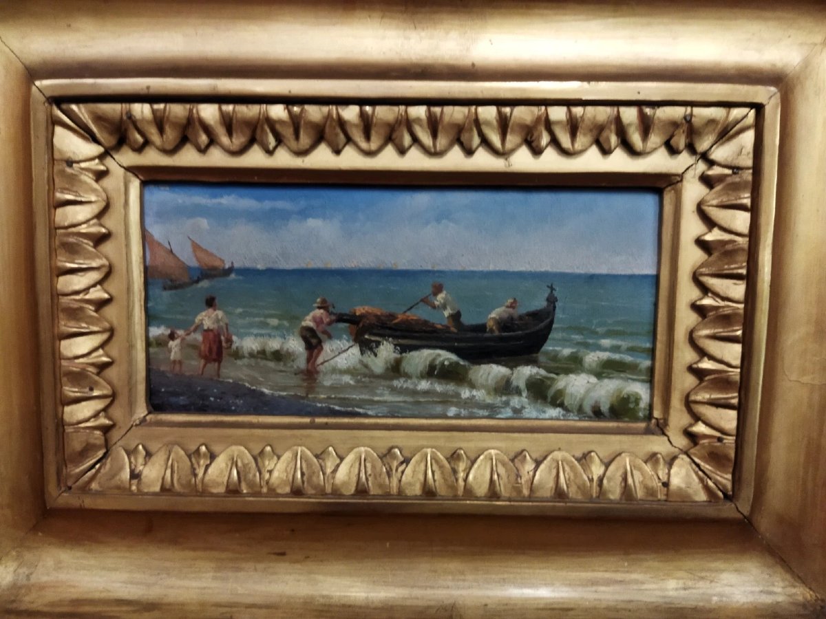 Oil Painting On Panel: Fishermen At Sea - With A Gilded Frame - 19th Century-photo-2