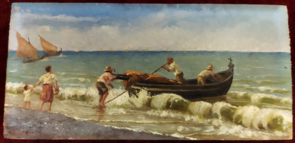 Oil Painting On Panel: Fishermen At Sea - With A Gilded Frame - 19th Century-photo-3