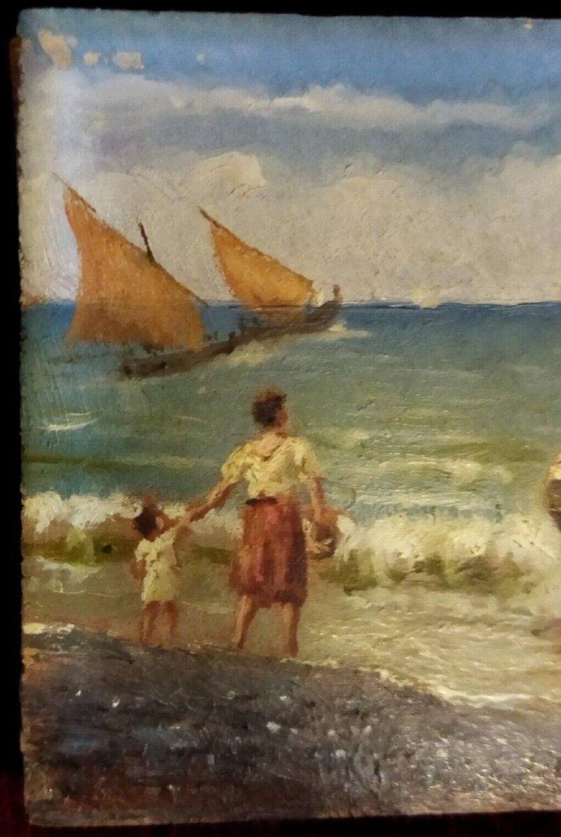 Oil Painting On Panel: Fishermen At Sea - With A Gilded Frame - 19th Century-photo-4