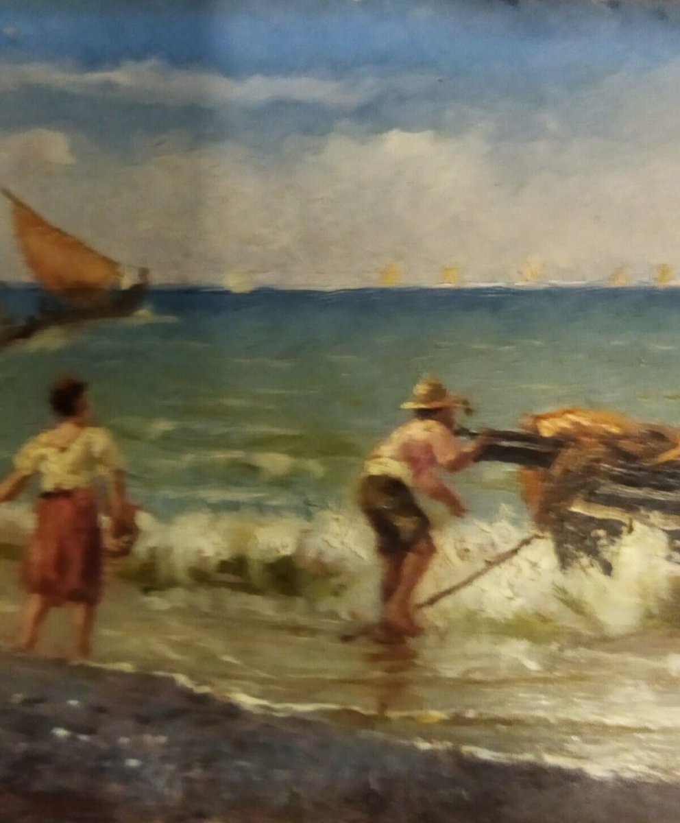 Oil Painting On Panel: Fishermen At Sea - With A Gilded Frame - 19th Century-photo-1