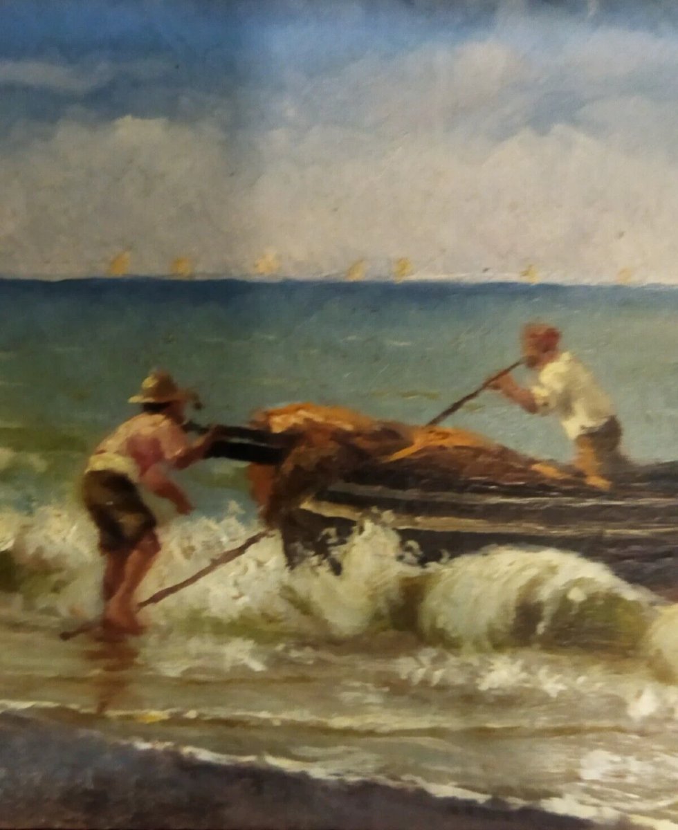 Oil Painting On Panel: Fishermen At Sea - With A Gilded Frame - 19th Century-photo-2